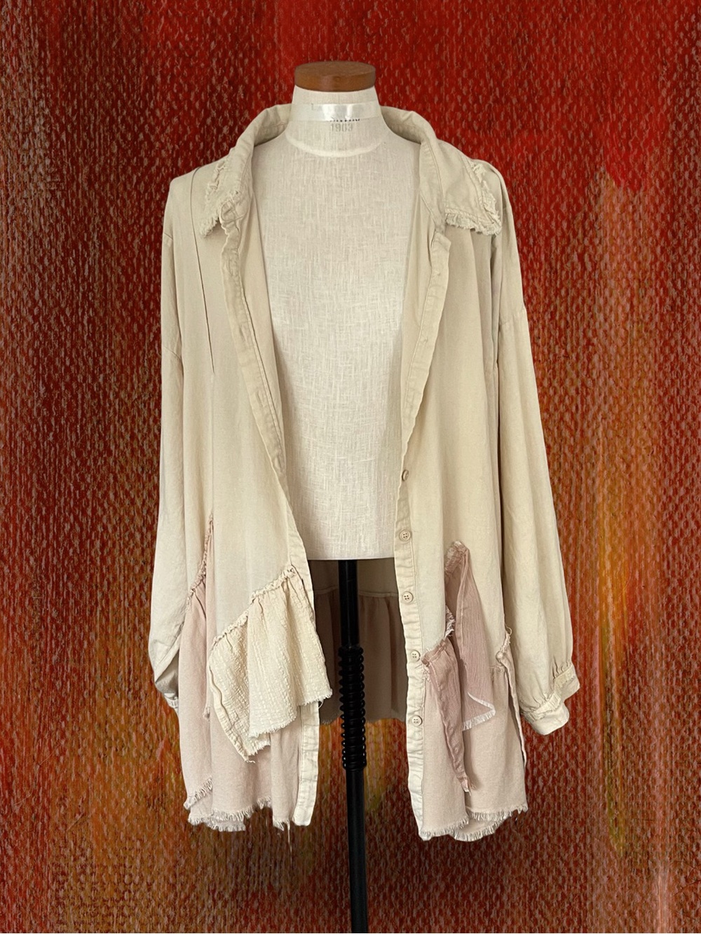 Oli & Hali Mixed Media Boho Distressed Ruffle Shacket Jacket Beige Pink Sz XL - Picture 3 of 8